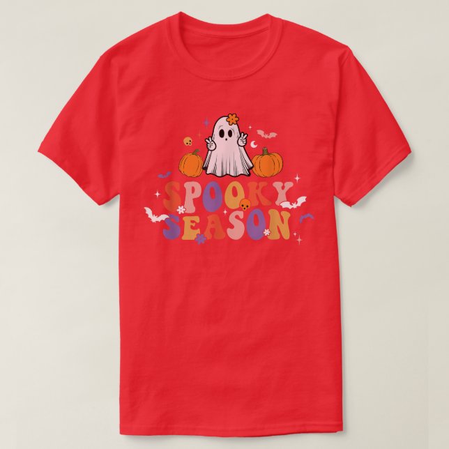 Camiseta Retro Groovy Spooky Season Floral Ghost Hippie Hal (Diseño del anverso)