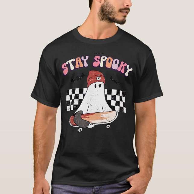 Camiseta Retro Groovy Stay Spooky Cute Ghost Skateboard Hal (Anverso)
