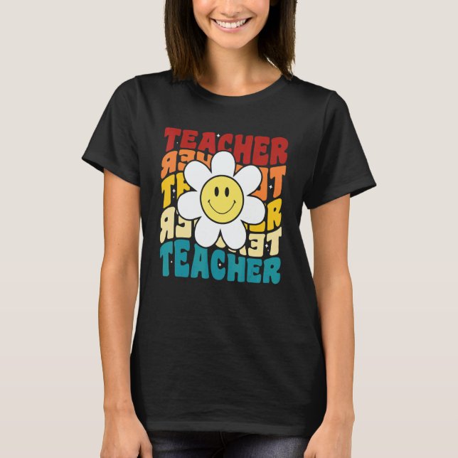 Camiseta Retro Groovy Teacher Happy Daisy Inspirational Col (Anverso)