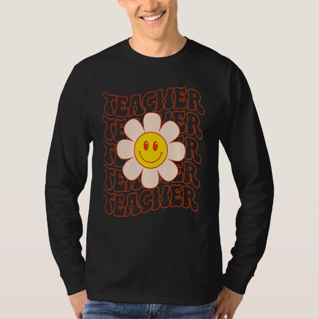 Camiseta Retro Groovy Teacher Happy Face Cute Daisy Flower  (Anverso)