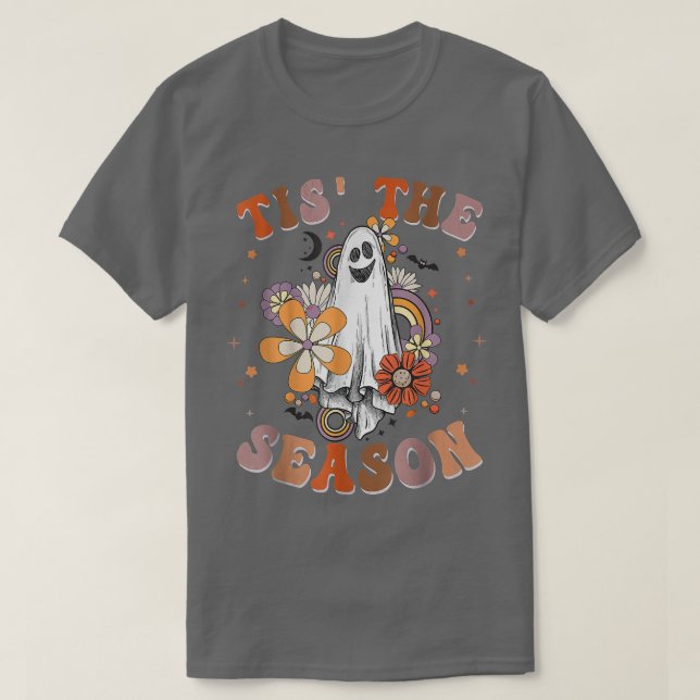 Camiseta Retro Groovy Tis The Season Pumpkin Ghost Hippie H (Diseño del anverso)