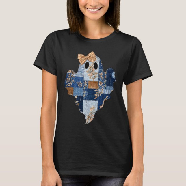 Camiseta Retro Halloween Blue Denim Patchwork Ghost Boo Coq (Anverso)