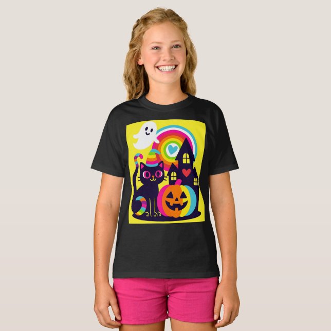 Camiseta Retro Halloween Kawaii Gato negro, diseño de calab (Anverso completo)
