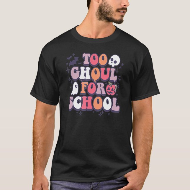 Camiseta Retro Halloween Teacher Ghouls Groovy School Trick (Anverso)