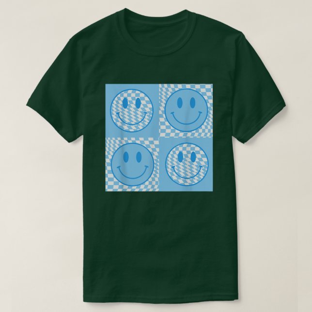 Camiseta Retro Happy Face Check Blue Smile Face Trendy (Diseño del anverso)