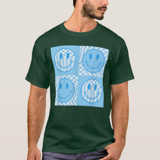 Camiseta Retro Happy Face Check Blue Smile Face Trendy