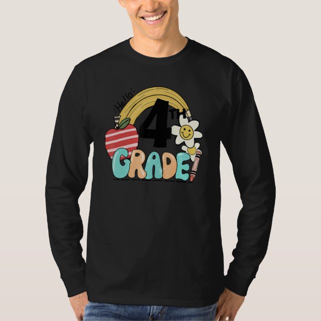 Camiseta Retro Hello 4th Grade Floral Rainbow Fourth Grade  (Anverso)