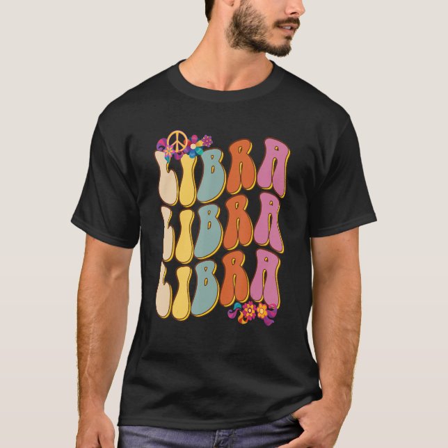 Camiseta Retro Hippie Libra Zodiac Rótulo Set Para Cumpleañ (Anverso)