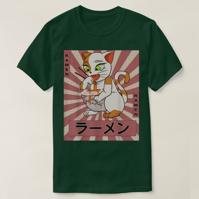 Camiseta Retro japonés Kawaii Anime Gato comiendo Ramen N d (Diseño del anverso)