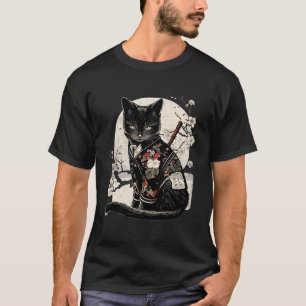 Camiseta Retro Japonés Samurai Ninja Cat Kawaii Tattoo Gra
