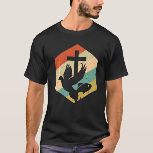 Camiseta Retro Jesús Cruza Símbolos Cristianos Dove Pescado