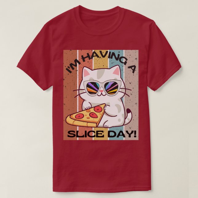 Camiseta Retro Kawaii lindo gato comiendo pizza (Diseño del anverso)