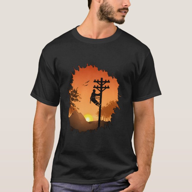 Camiseta Retro Lineman Sunset Padre Hombres Cable Eléctrico (Anverso)