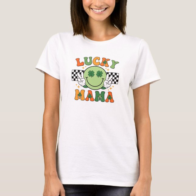 Camiseta Retro Lucky Mama Smiley Face Shamrock Art (Anverso)