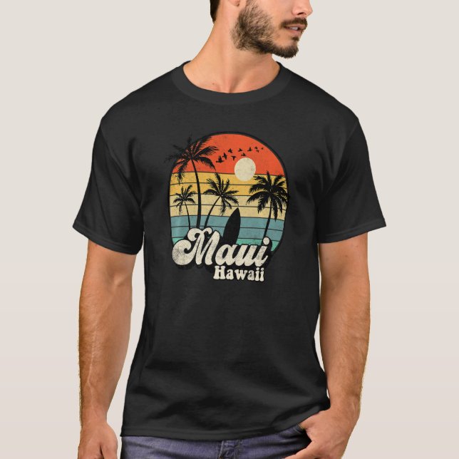 Camiseta Retro Maui Hawaii Hawaiian Vacation Beach Surfing  (Anverso)