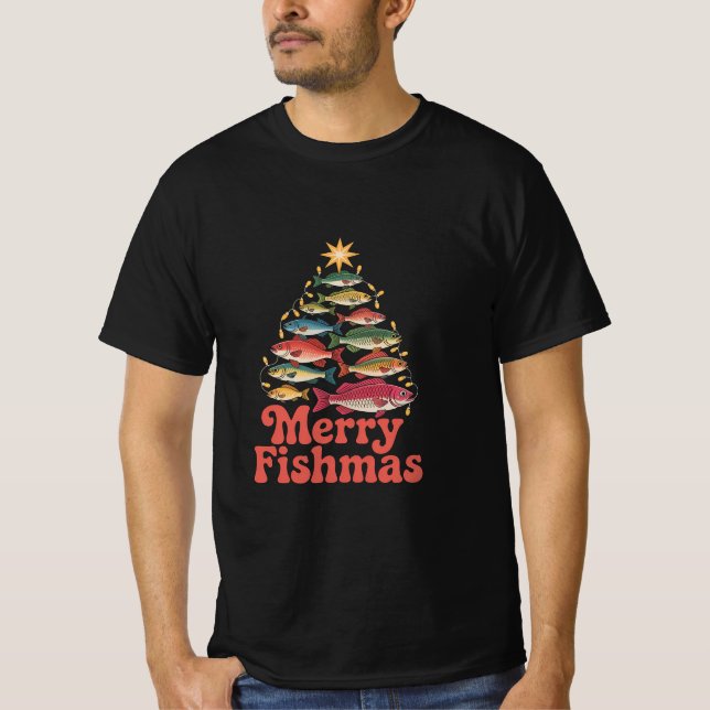 Camiseta Retro Merry Fishmas Fisherman Christmas Humor (Anverso)