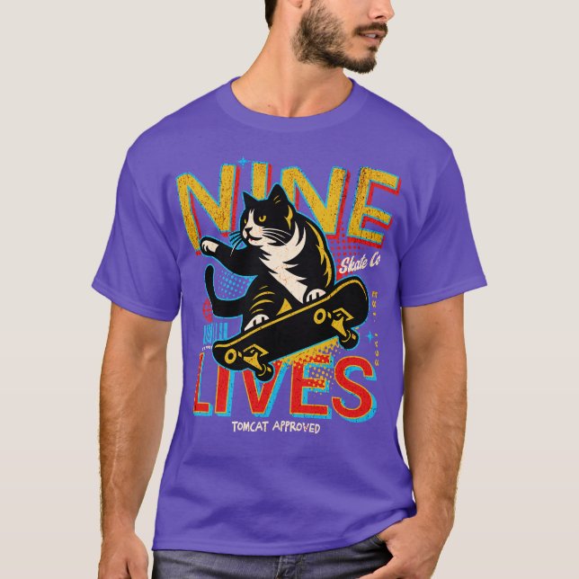Camiseta Retro Nine Lives Skate Co Funny Skateboarding Cat (Anverso)