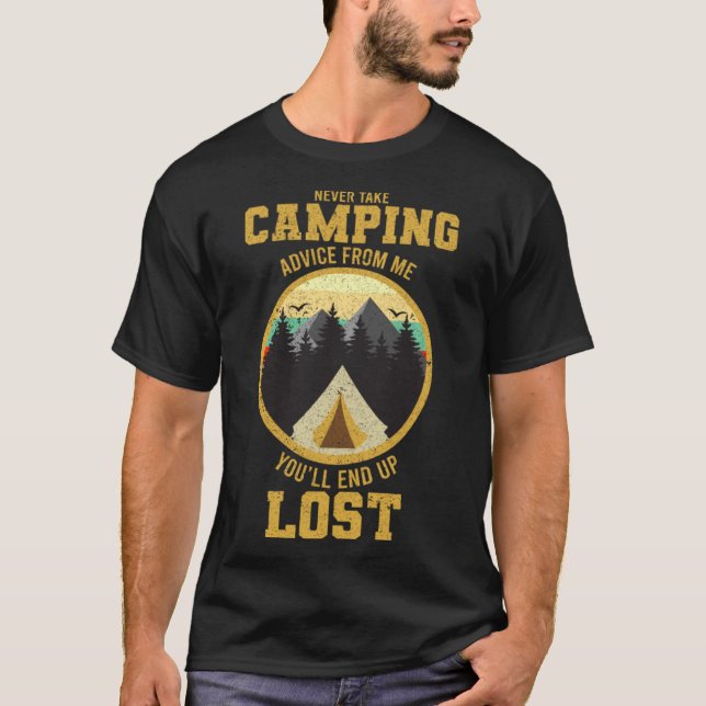 Camiseta Retro Nunca Tomen Consejos De Camping De Mí (Anverso)