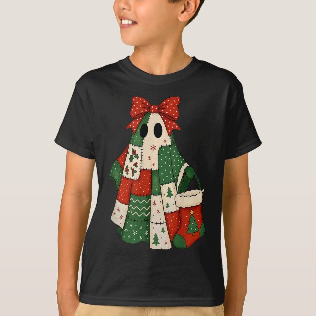 Camiseta Retro Patchwork Christmas Ghost Coquette Bow X-mas (Anverso)