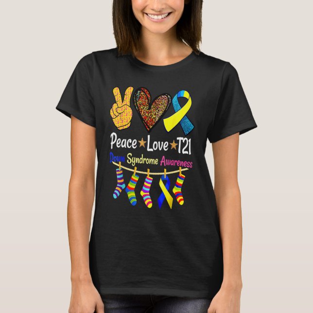 Camiseta Retro Peace Love Cure Blue World Down Syndrome Awa (Anverso)