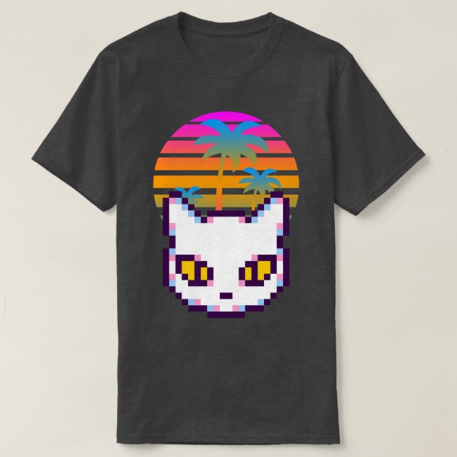Camiseta Retro Pixel Kitty Cat Palm Trees Sunset (Diseño del anverso)
