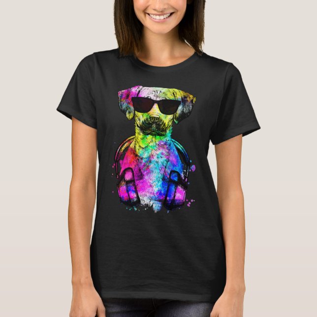 Camiseta Retro Pop Black Mouth Cur Dog Portrait with Headph (Anverso)