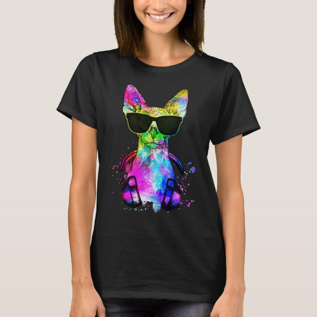 Camiseta Retro Pop Sfinx Cat Retrato con audífonos (Anverso)