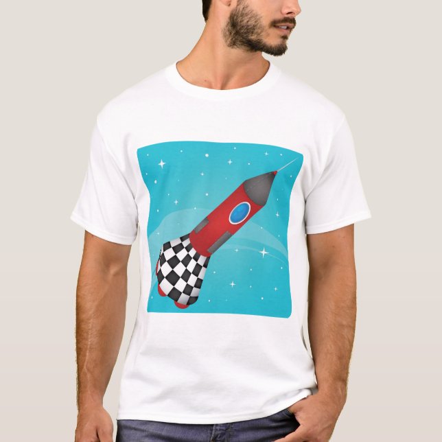 Camiseta Retro Red Rocket Ship in Space Galactic (Anverso)