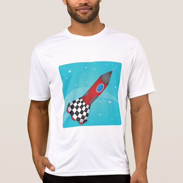 Camiseta Retro Red Rocket Ship in Space Galactic (Anverso)