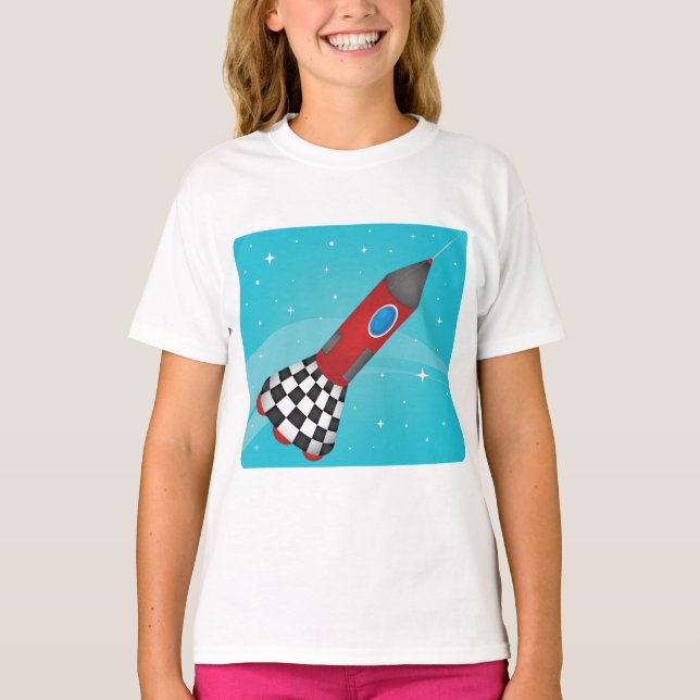 Camiseta Retro Red Rocket Ship in Space Galactic (Anverso)
