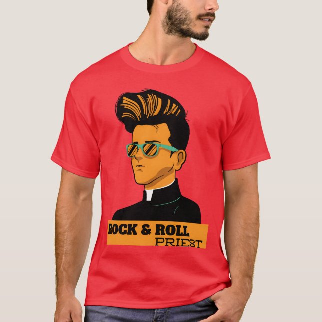 Camiseta retro rock t shirt design Rock and roll priest fam (Anverso)