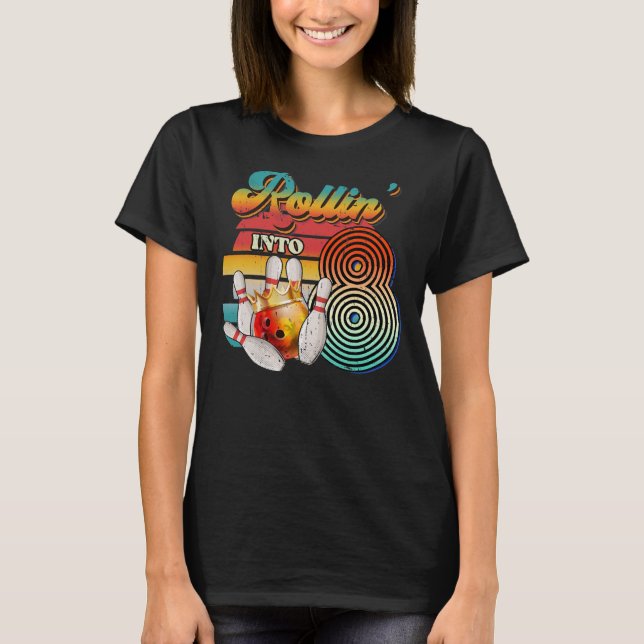 Camiseta Retro Rollin en la 8 Bowling Birthday Party 8th (Anverso)