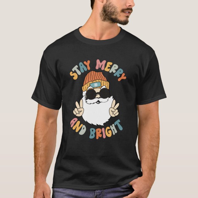 Camiseta Retro Santa Claus Stay Merry Y Bright Groovy Chr (Anverso)