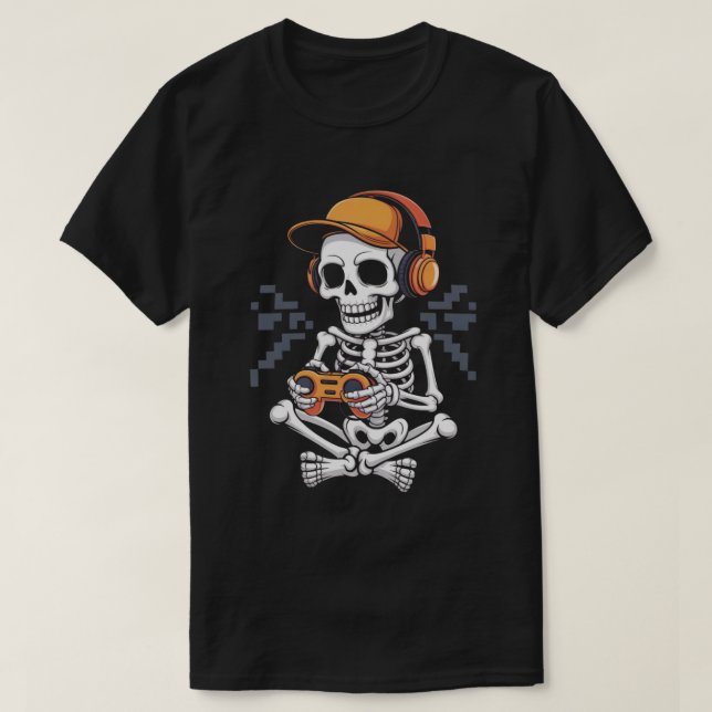 Camiseta Retro Skeleton Gamer con auriculares y controlador (Diseño del anverso)