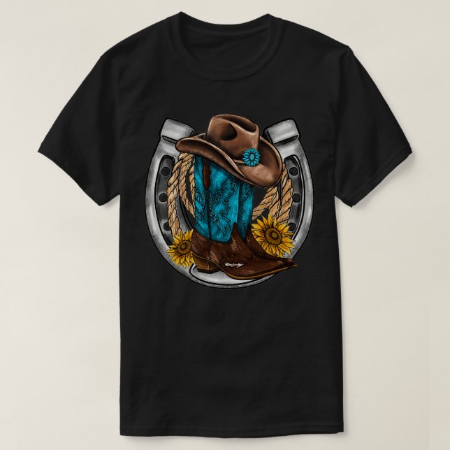 Camiseta Retro Sunflower Horseshoe Cowgirl Boots Hat Rope W (Diseño del anverso)