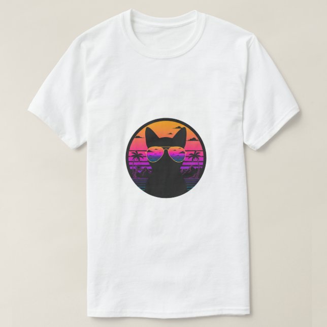 Camiseta Retro Sunset Cat Aviator Sunglasses Vaporwave  (Diseño del anverso)