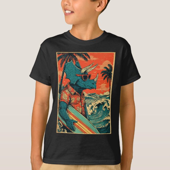 Camiseta Retro Surfing Dinosaur Hawaii Summer Triceratops S (Anverso)