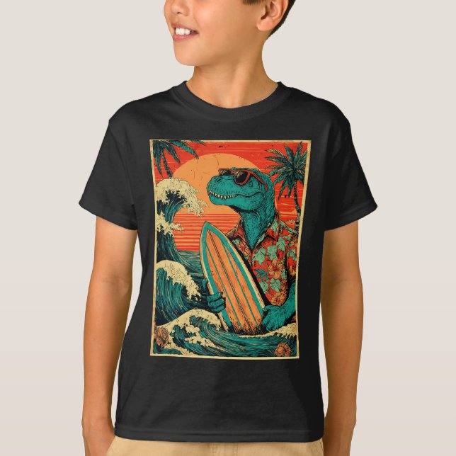 Camiseta Retro Surfing Tyrannosaurus Hawaiian Summer Dinosa (Anverso)
