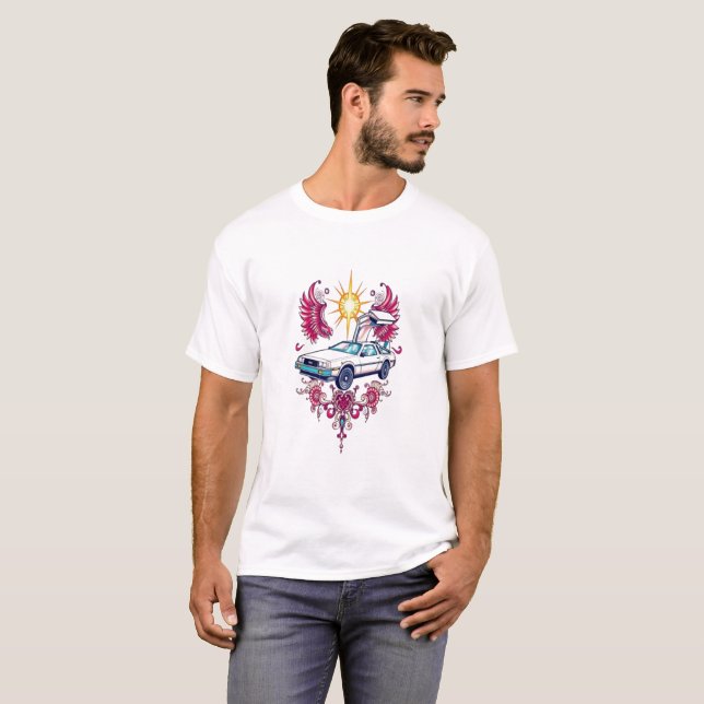 Camiseta Retro Tech Fusion: DeLorean y Proton Pack (Anverso completo)