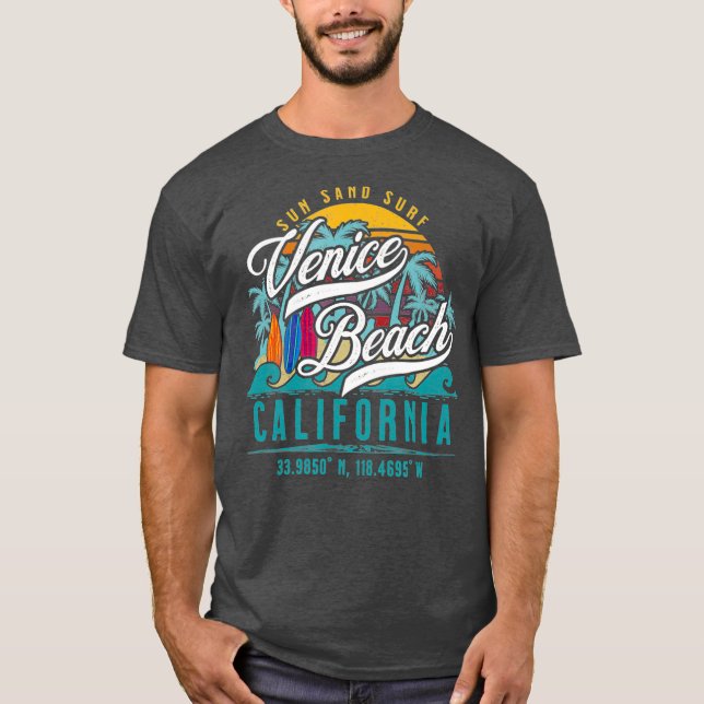 Camiseta Retro Venice Beach California Sun Sand Surf Palm (Anverso)