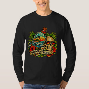 Camiseta Retro Verano Calavera Mensaje en una Botella Playa