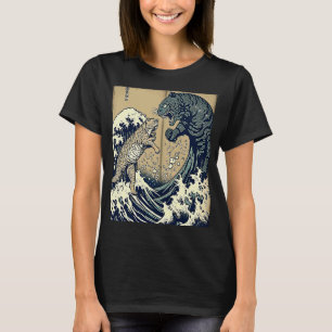 Camiseta Retro vintage japonés Gran Wave Cat Vs Monster