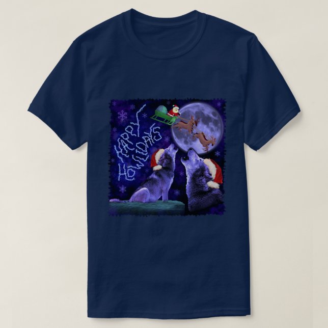 Camiseta Retruécano feliz del lobo de Howlidays del navidad (Diseño del anverso)