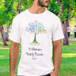 Camiseta Reunión de familia de árboles de familia personali<br><div class="desc">Esta camiseta única de la Reunión de la Familia está decorada con un árbol de la familia de las acuarelas y una tipografía de escritura elegante. Personalizable fácil. A medida que creamos nuestra obra de arte no encontrarás esta imagen exacta de otros diseñadores. Acuarela original © Michele Davies.</div>