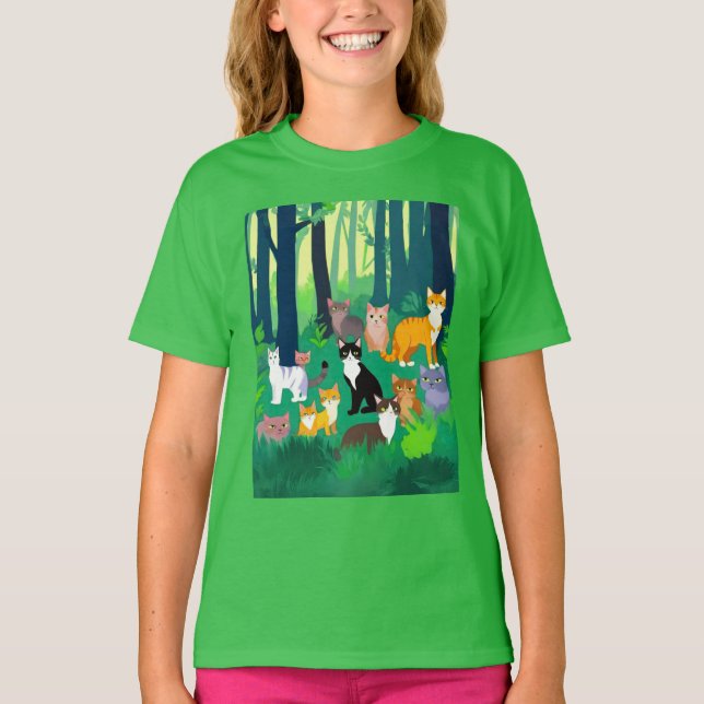 Camiseta Reunión de gatos en un oscuro bosque (Anverso)