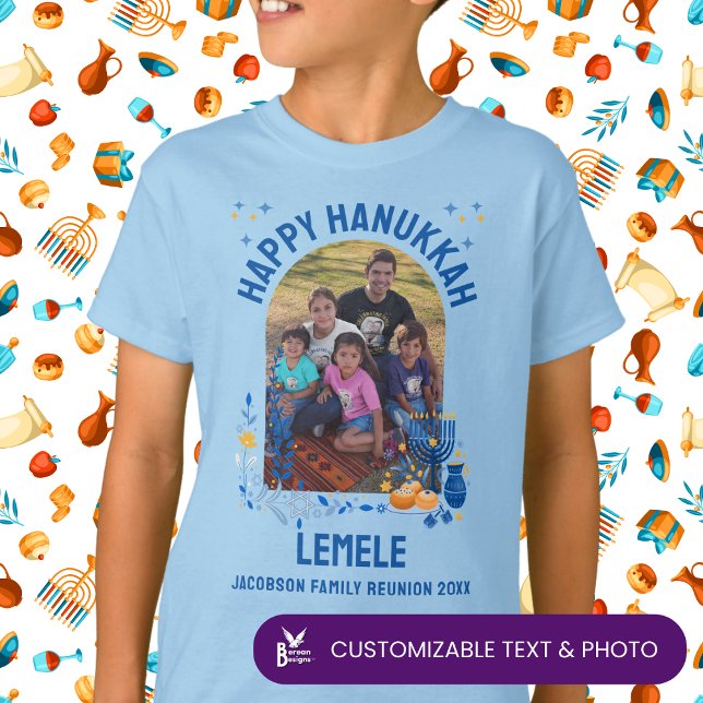 Camiseta REUNIÓN FAMILIAR DE HANUKKAH Personalizado LEMELE  (Customizable photo and text for Hanukkah family reunion. Matching shirt and gifts available.)