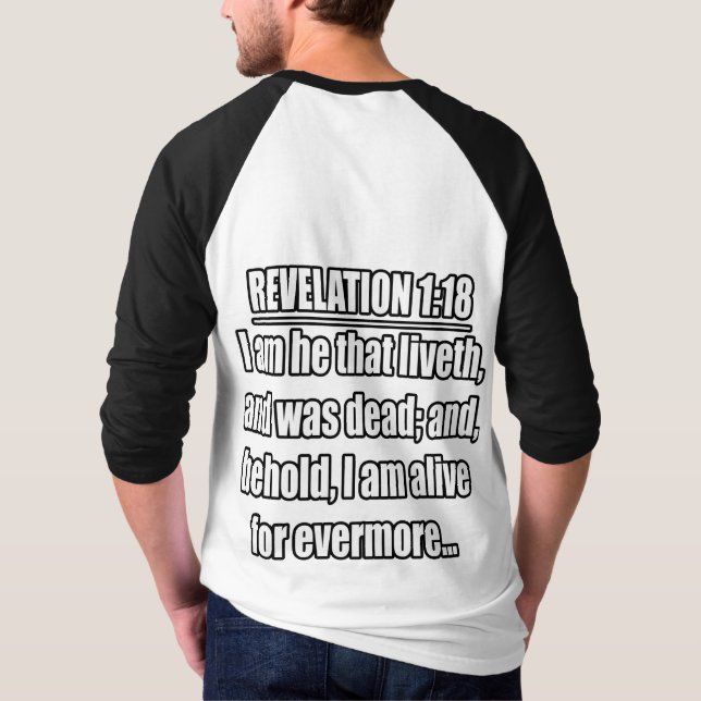 Camiseta Revelación 1:18 KJV. Verso de la Biblia (Reverso)