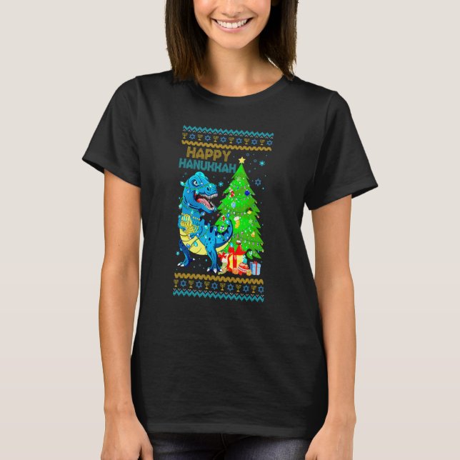 Camiseta Rex Dinosaur Christmas Tree Happy Hanukkah Chanukk (Anverso)