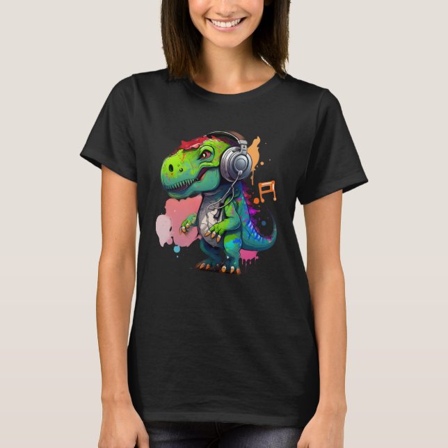 Camiseta rex with headphones music cute dinosaur for kids (Anverso)