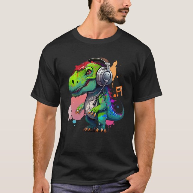 Camiseta rex with headphones music cute dinosaur for kids (Anverso)
